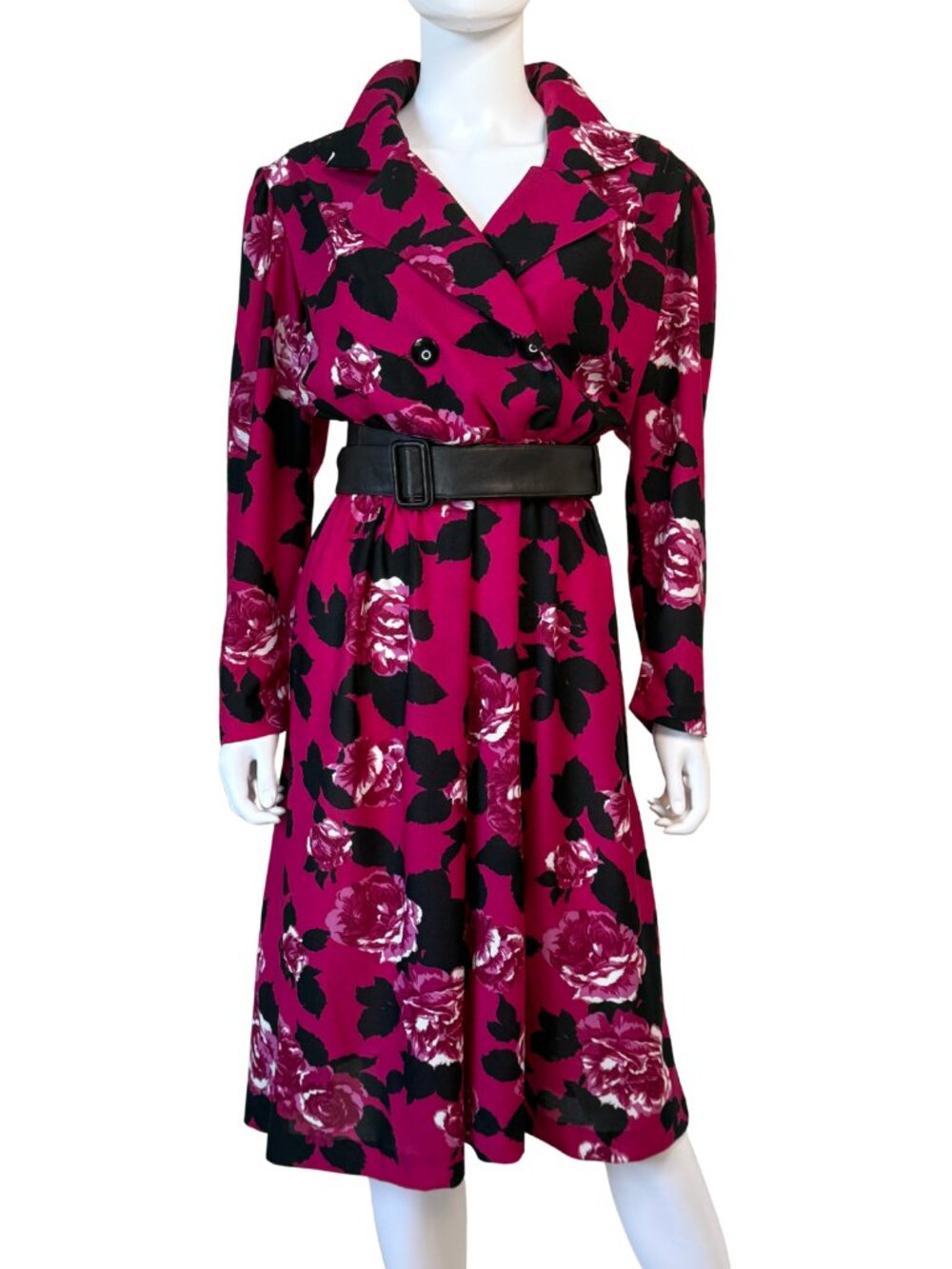 Vintage 80s Fuchsia Rose Print Midi Dress 16